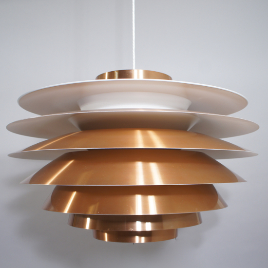 Svend Middelboe for Nordisk Solar. ¨Verona¨. Giant ceiling lamp in copper. New in box. Height 50, diam 76 cm. Taklampa, koppar, kotten,Wigerdals Värld
