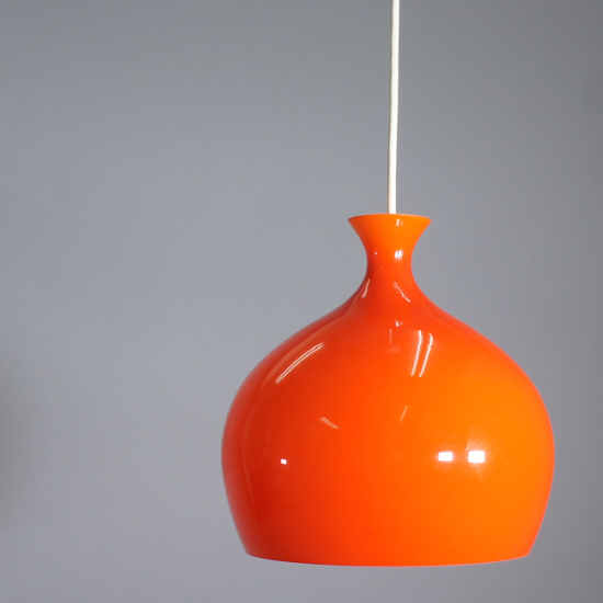 Ceiling lamp by Helge Zimdal for Holmegaard, Denmark. Lamp in red/orange glass. Height 23, diam 17 cm.