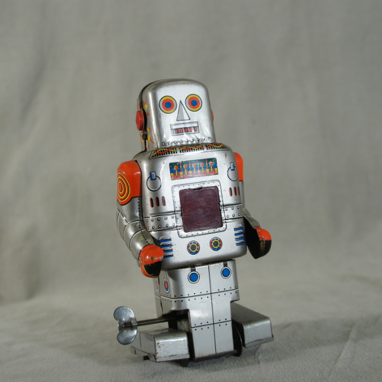 "Mechanical Walking Robot "SY Toys, Japan 1960's. Wind up robot in tin. Height 19 cm. Space toy, toy robot, leksaks robot, rymdleksak,