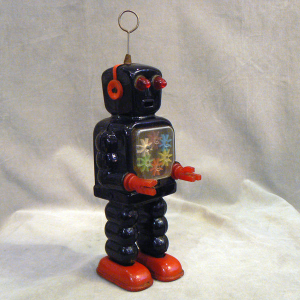 ¨"High Wheel Robot". Wind-up robot in tin and plastic by Yoshiya, Japan. Robot, rymdleksak, space toy, vintage, toy. .