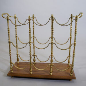 Wine stand in brass with a base in walnut. Maker unknown. Height 48, lenght 57 cm. Vinställ, mässing, Wigerdals Värld