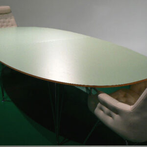 Bruno Mathsson/ Piet Hein for Bruno Mathsson Int. ¨Superelips¨. Conference table in laminated beech with a unique mint green colour on six steel legs. New from production. 130x360x72 cm. Konferensbord. superelips. laminat. wigerdals värld