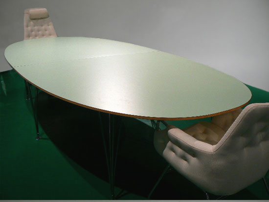 Bruno Mathsson/ Piet Hein for Bruno Mathsson Int. ¨Superelips¨. Conference table in laminated beech with a unique mint green colour on six steel legs. New from production. 130x360x72 cm. Konferensbord. superelips. laminat. wigerdals värld