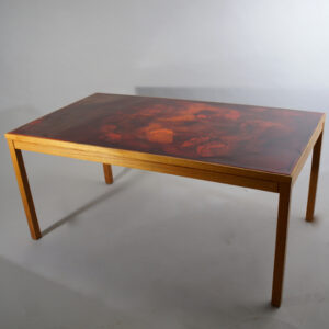 David Rosén and Algot Törneman for NK/Triva by Säffle Möbelfabrik, Sweden. Coffee table in oak with top in painted enameled metal. 120x65, height 54 cm. Soffbord emalj ek. Wigerdals Värld