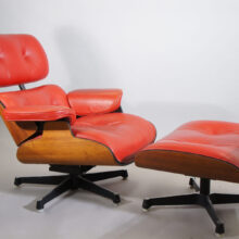 Easy chair with ottoman in teak, seat in leather and base in steel. Maker unknown.