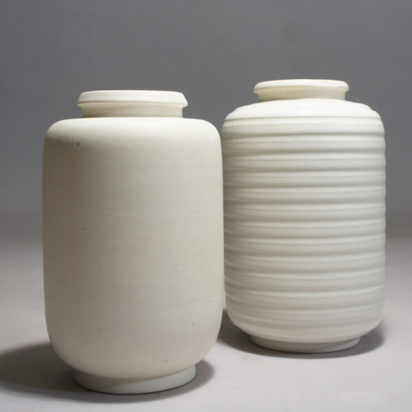 Wilhelm Kåge for Gustavsberg, Sweden. "Carrara". Two different vases in stone ware with matte glaze. Height 16 cm.