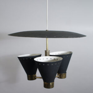Ceiling lamp with metal shades. Diam 45, height 31 cm. Maker unknown.