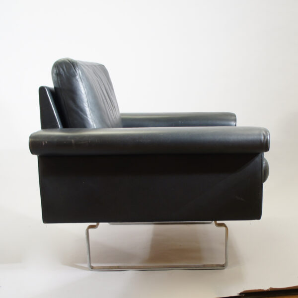 Sofa by Asko, Finland in black leather with legs in steel. 1960's. L230 D76 H74 SH40 cm.