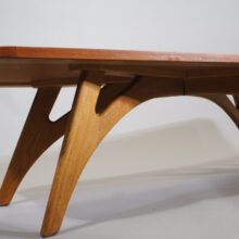 Coffee table in teak with legs in oak by Jason Møbelfabrik, Denmark. 150x55, height 43 cm.