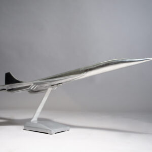 Model of the jet airliner Concorde in aluminium on stand