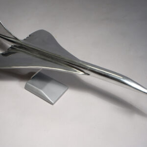 Model of the jet airliner Concorde in aluminium on stand