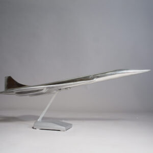 Model of the jet airliner Concorde in aluminium on stand