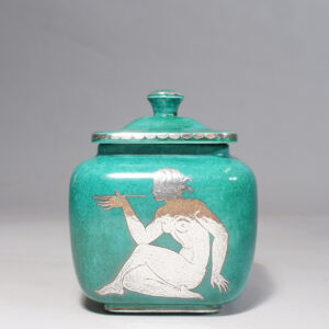 Wilhelm Kåge for Gustavsberg. "Argenta". Urn with lid in green stoneware with decoration in silver paint.