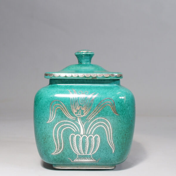 Wilhelm Kåge for Gustavsberg. "Argenta". Urn with lid in green stoneware with decoration in silver paint.