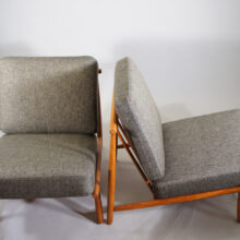 Alf Svensson for Dux, Sweden. "Domus". A pair of easy chairs i teak with new upholstered seatings.