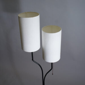 Floor lamp in metal with two shades in linnen. 1950's. Golvlampa 1950tal.