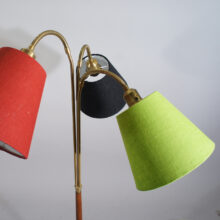 Floor lamp with tthree new shades in linnen, base in teak and brass. Made in Sweden. 1960's. Golvlampa tre skärmar mässing teak 60-tal.