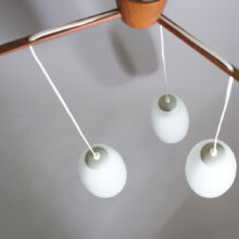 1960's ceiling lamp in teak with three shades in glass. Maker unknown. Taklampa Wigerdals värld vintage