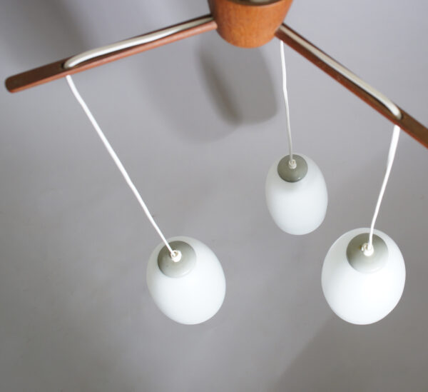 1960's ceiling lamp in teak with three shades in glass. Maker unknown. Taklampa Wigerdals värld vintage
