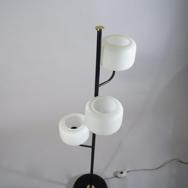 1950's floor lamp in metal and shade in glass. Maker unknown. Golvlampa 50tal.