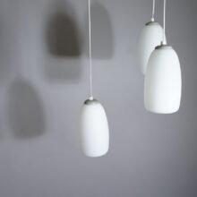 1960's ceiling lamp in teak with three shades in glass. Maker unknown. Taklampa. Wigerdals värld