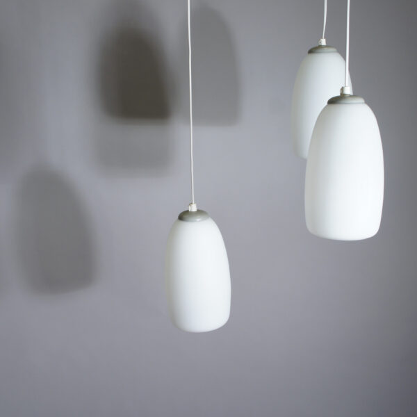 1960's ceiling lamp in teak with three shades in glass. Maker unknown. Taklampa. Wigerdals värld