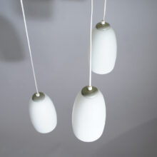 1960's ceiling lamp in teak with three shades in glass. Maker unknown. Taklampa Wigerdals Värld vintage