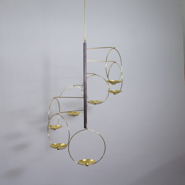 KAIJA AARIKKA & TIMO SARPANEVA for Arikka, Finland. "Mobile-Tulitus". A ceiling mobile in wood and brass. Takmobil. Takkrona. Wigerdals