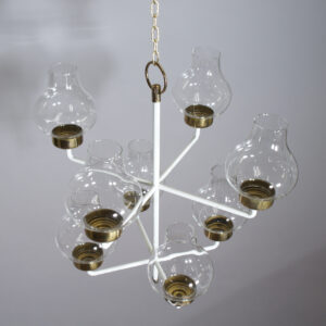Anders Pehrson for Ateljé Lyktan, Sweden. Ceiling chandelier in painted metal, brass and glass. Height 80 cm. Ljuskrona metall mässing glas. Wigerdals