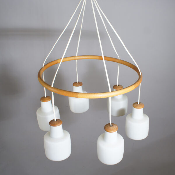 Uno & Östen Kristansson for Luxus, Sweden. Ceiling chandelier in oak and six shades in glass. Takkrona i ek och glas Wigerdals
