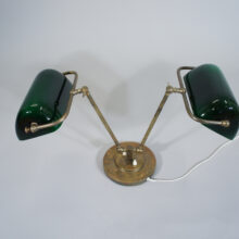 Desk lamp in brass with two arms and shades in glass. 1930's. Tvåarmad Skrivbordslampa i mässing med glasskärmar 1920-tal. Wigerdals