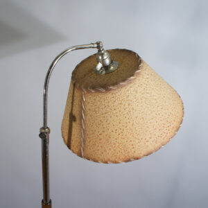 1930's table lamp in chrome, mahogany and shade in perchment. Golvlampa