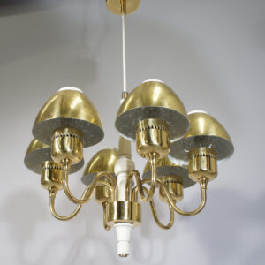 Ceiling lamp in brass and wood by Hans-Agne Jakobsson, Markaryd Sweden. Taklampa i mässing och trä. Wigerdals Värld