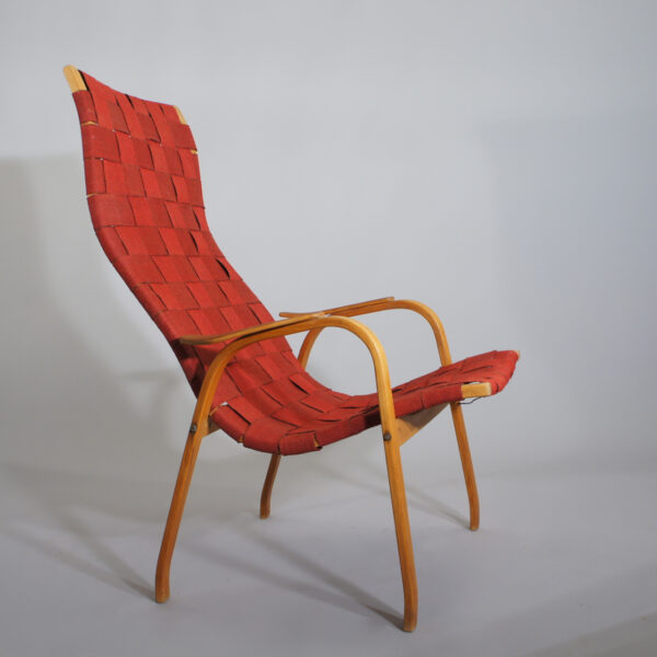 Yngve Ekström for Swedese. "Kurva". Easy chair in beech, teak and cotton webbing. Wigerdals