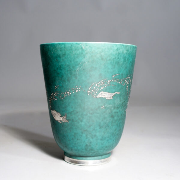 Wilhelm Kåge for Gustavsberg, Sweden. "Argenta" Vase i stoneware with painted decoration in silver. Vas wigerdals värld