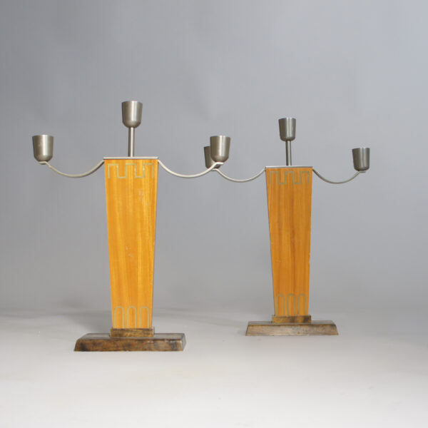 1930' candle sticks in wood and pewter with inlays in brass. Ljusstakar trä och tenn