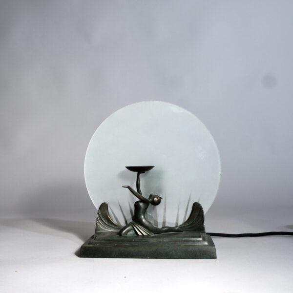 1930´s art deco desk lamp in bronze and glass with woman holding tray. Bordslampa i brons och glas kvinna hållande skål Wigerdals