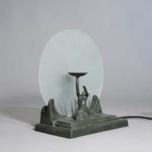 1930´s art deco desk lamp in bronze and glass with woman holding tray. Bordslampa i brons kvinna hållande bricka. wigerdals Värld