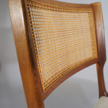 4 dining chairs in teak and rattan and seat in wool fabric. 1950's. 4 st matstolar i teak och rotting nyklädda. Wigerdals