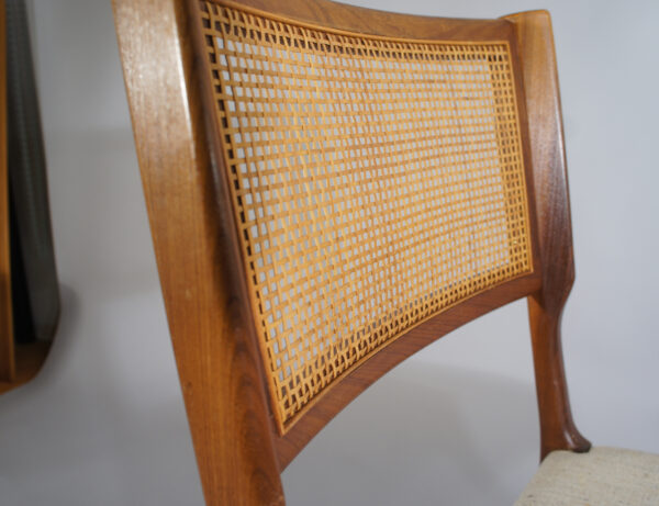 4 dining chairs in teak and rattan and seat in wool fabric. 1950's. 4 st matstolar i teak och rotting nyklädda. Wigerdals