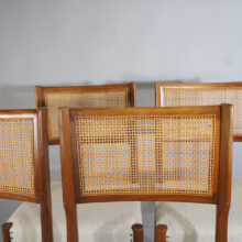 4 dining chairs in teak and rattan and seat in wool fabric. 1950's. 4 st matstolar i teak med rygg i rotting Wigerdals Värld