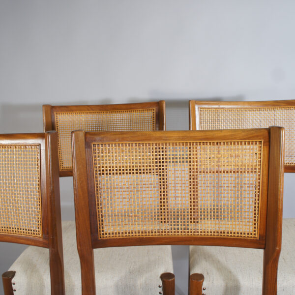 4 dining chairs in teak and rattan and seat in wool fabric. 1950's. 4 st matstolar i teak med rygg i rotting Wigerdals Värld