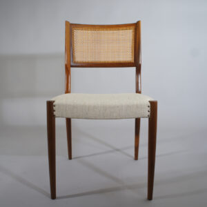 4 dining chairs in teak and rattan and seat in wool fabric. 1950's. fyra st teakstolar med rygg i rotting sits i ull. Wigerdals