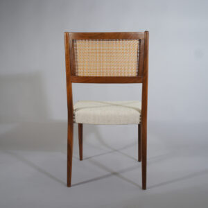 4 dining chairs in teak and rattan and seat in wool fabric. 1950's. 4 st stolar i teak och rotting med nyklädda sitsar. Wigerdals