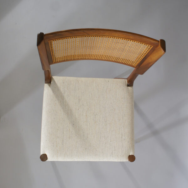 4 dining chairs in teak and rattan and seat in wool fabric. 1950's. 4 st teakstolar med rygg i rotting. wigerdals