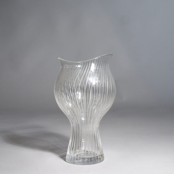 Tapio Wirkkala for Iittala. Hand blown cut clear glass vase internally decorated with spiral threads of black glass. Mod 3213 1947.