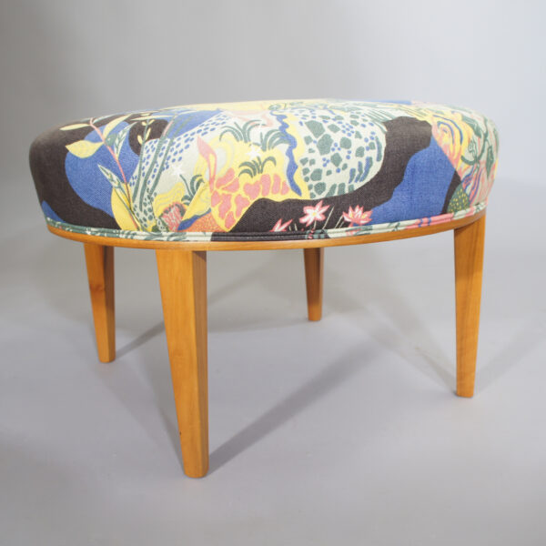 Josef Frank for Svenskt Tenn, Sweden. Stool 647 in walnut and Franks fabric Anakreon. Pall Wigerdals