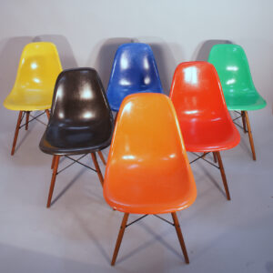 Charles and Ray Eames for Herman Miller USA. DSW. Six 6 side chairs in glass fiber in different colors with wood legs Eamesskal glasfiber Wigerdals