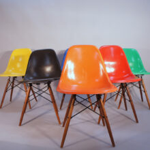 Charles and Ray Eames for Herman Miller USA. DSW. Six 6 side chairs in glass fiber in different colors with wood legs Glasfiber. Wigerdals