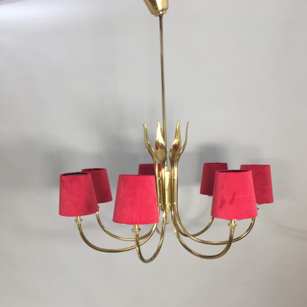 1950's ceiling lampa in brass with shades in velvet. Ljuskrona i mässing skärmar i sammet. Wigerdals